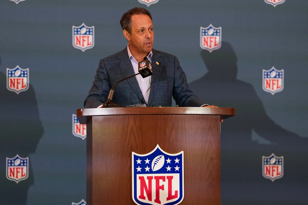 Minnesota Vikings owner Mark Wilf speaks during a news conference at the NFL football owners' meetings Tuesday, May 19, 2026, in Orlando, Fla. (AP Photo/John Raoux)