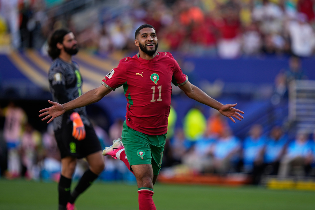 Morocco's Ismael Saibari celebrates scoring his side's opening goal against Brazil during the World Cup Group C soccer match in East Rutherford, N.J., near New York, Saturday, June 13, 2026. (AP Photo/Frank Franklin II)