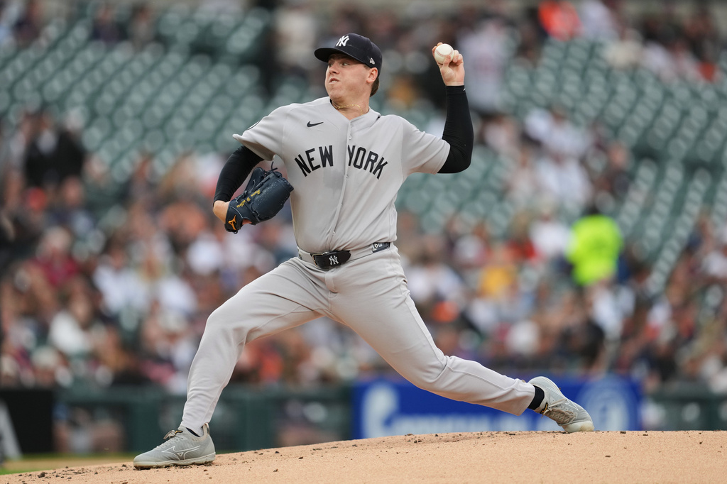New York Yankees pitcher Ryan Weathers throws against the Detroit Tigers during the first inning of a baseball game Wednesday, June 24, 2026, in Detroit. (AP Photo/Paul Sancya)
