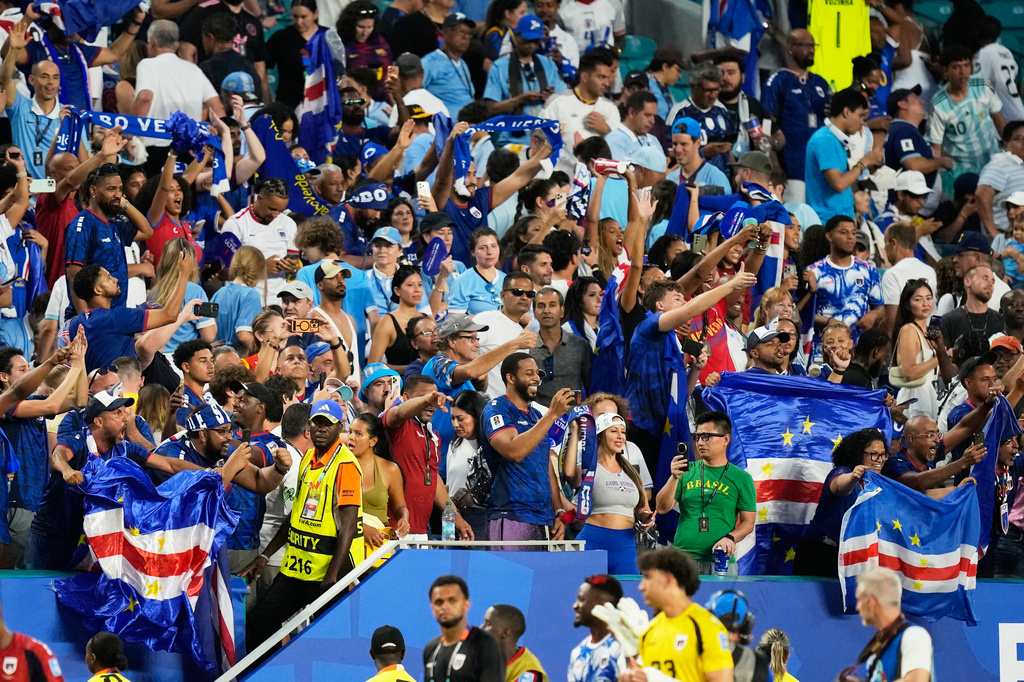 Cape Verde fans react following the World Cup Group H soccer match between Uruguay and Cape Verde in Miami Gardens, Fla., Sunday, June 21, 2026. (AP Photo/Rebecca Blackwell)