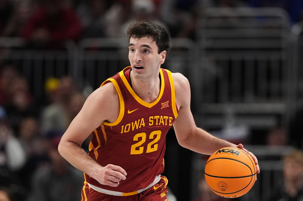 FILE - Iowa State forward Milan Momcilovic drives during the first half of an NCAA college basketball game against Arizona in the semifinal round of the Big 12 Conference tournament March 13, 2026, in Kansas City, Mo. (AP Photo/Charlie Riedel, File)