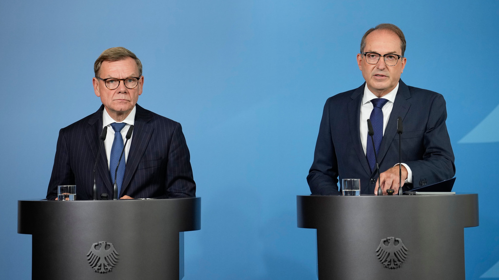 Germany's Interior Minister Alexander Dobrindt and Germany's Foreign Minister Johann Wadephul speak to the media during a press conference in Berlin on Tuesday, Sept. 1, 2026, about the attempted attack on Leipzig/Halle Airport last month with a drone loaded with explosives.(AP Photo/Ebrahim Noroozi)