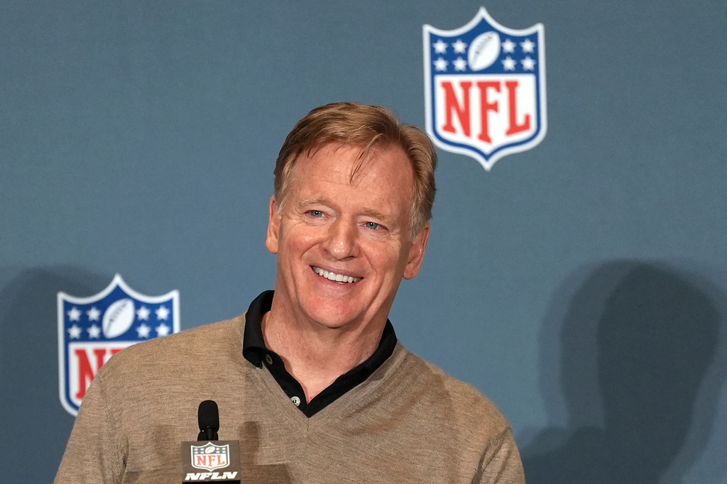 NFL Commissioner Roger Goodell smiles as he recognizes a reporter during a news conference at the NFL football annual meetings, Tuesday, March 31, 2026, in Phoenix. (AP Photo/Ross D. Franklin)