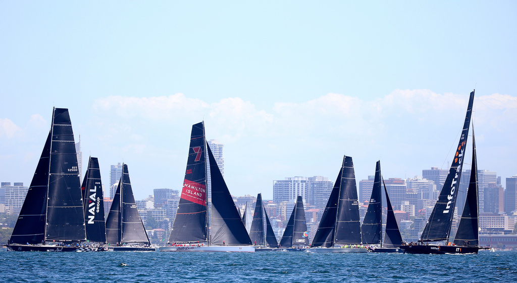 FILE - Yachts jockey for position during the start of the Sydney Hobart yacht race in Sydney, Wednesday, Dec. 26, 2018. (AP Photo/Rick Rycroft, File)