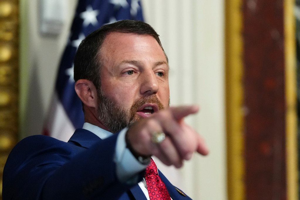 Homeland Security Secretary Markwayne Mullin speaks in the Indian Treaty Room at the Eisenhower Executive Office Building on the White House campus, Friday, July 17, 2026, in Washington. (AP Photo/Julia Demaree Nikhinson)