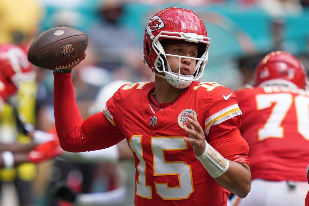 Kansas City Chiefs quarterback Patrick Mahomes (15) looks to pass during an NFL football game against the Miami Dolphins, Sunday, Sept. 27, 2026, in Miami Gardens. (AP Photo/Lynne Sladky)