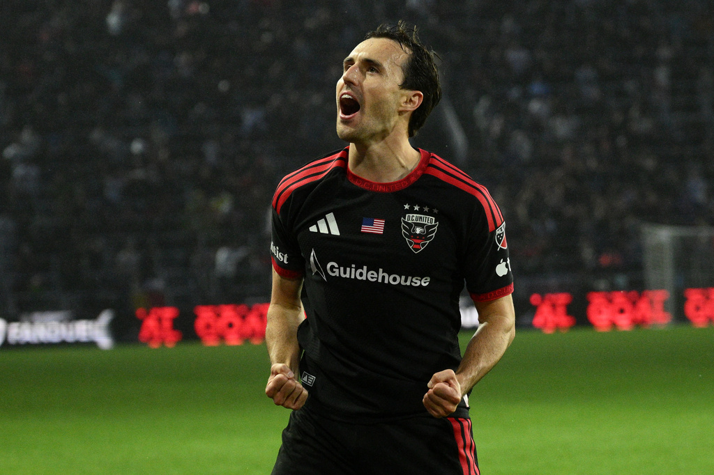 D.C. United midfielder Jared Stroud celebrates after his goal during the first half of an MLS soccer match against CF Montreal, Saturday, May 23, 2026, in Washington. (AP Photo/Nick Wass)