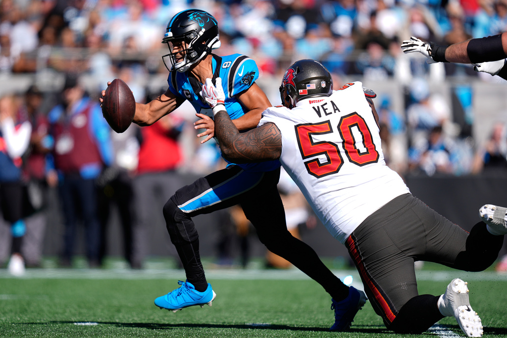 Tampa Bay Buccaneers' Vita Vea (50) sacks Carolina Panthers quarterback Bryce Young (9) during the second half of an NFL football game in Charlotte, N.C., Sunday, Oct. 25, 2026. (AP Photo/Erik Verduzco)
