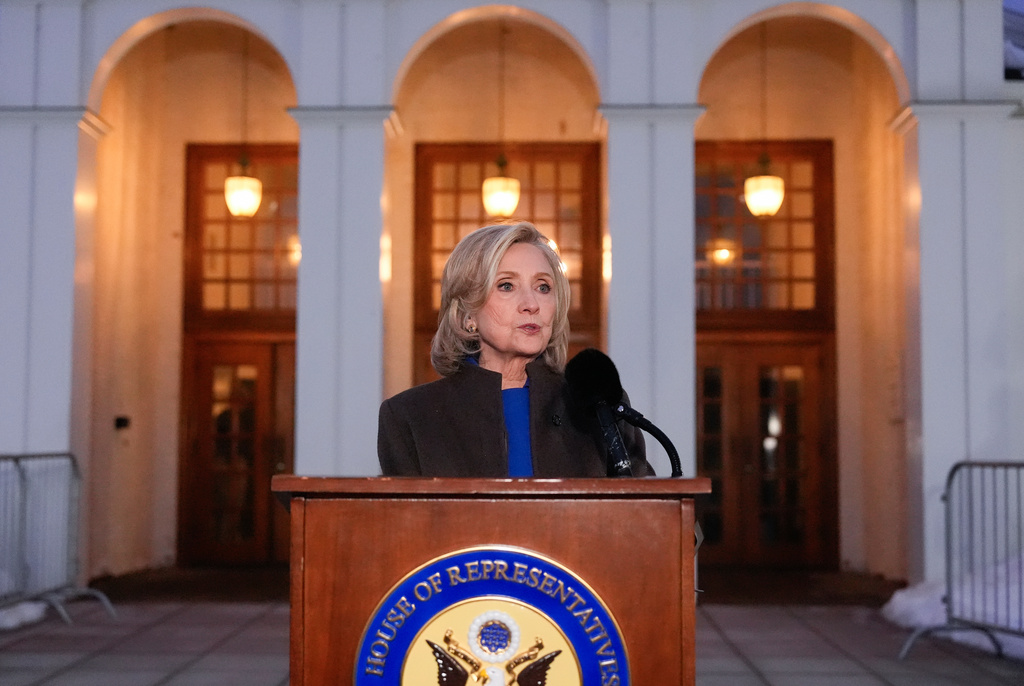 Former Secretary of State Hillary Clinton speaks outside the Chappaqua Performing Arts Center, after testifying before U.S. House lawmakers as part of a congressional investigation into convicted sex offender Jeffrey Epstein, Thursday, Feb. 26, 2026, in Chappaqua, N.Y. (AP Photo/Yuki Iwamura)