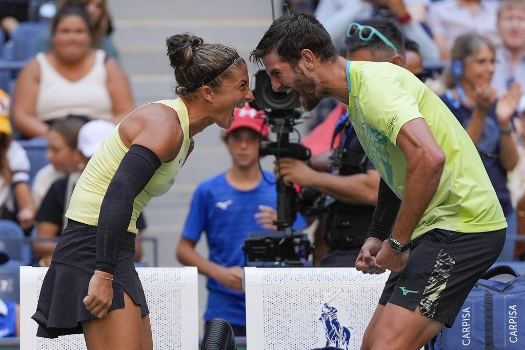 FILE - Sara Errani, of Italy, and Andrea Vavassori, of Italy, react after defeating Taylor Townsend, of the United States, and Donald Young, of the United States, in the mixed doubles final of the U.S. Open tennis championships, Thursday, Sept. 5, 2024, in New York. (AP Photo/Julia Nikhinson, File)