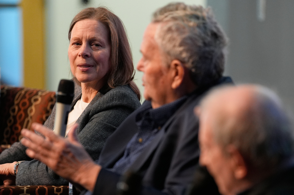 Val Ackerman, commissioner of the Big East Conference, listens during an event Friday, April 3, 2026, in Phoenix. (AP Photo/John Locher)