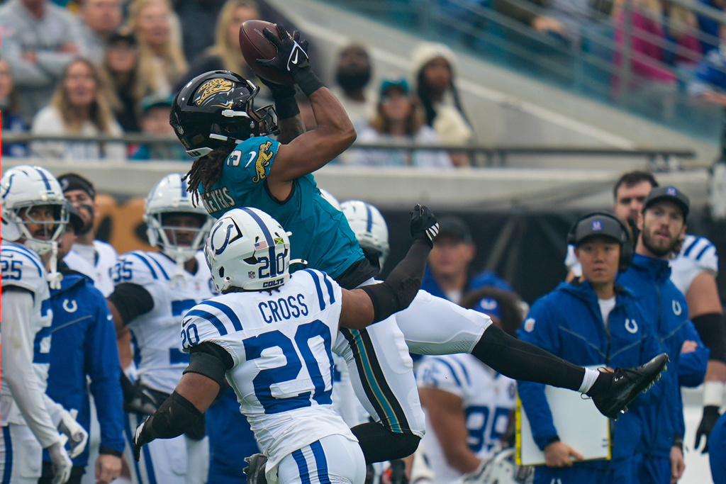 Jacksonville Jaguars wide receiver Jakobi Meyers (3) makes a catch over Indianapolis Colts safety Nick Cross (20) during the first half of an NFL football game, Sunday, Dec. 7, 2025, in Jacksonville, Fla. (AP Photo/John Raoux)