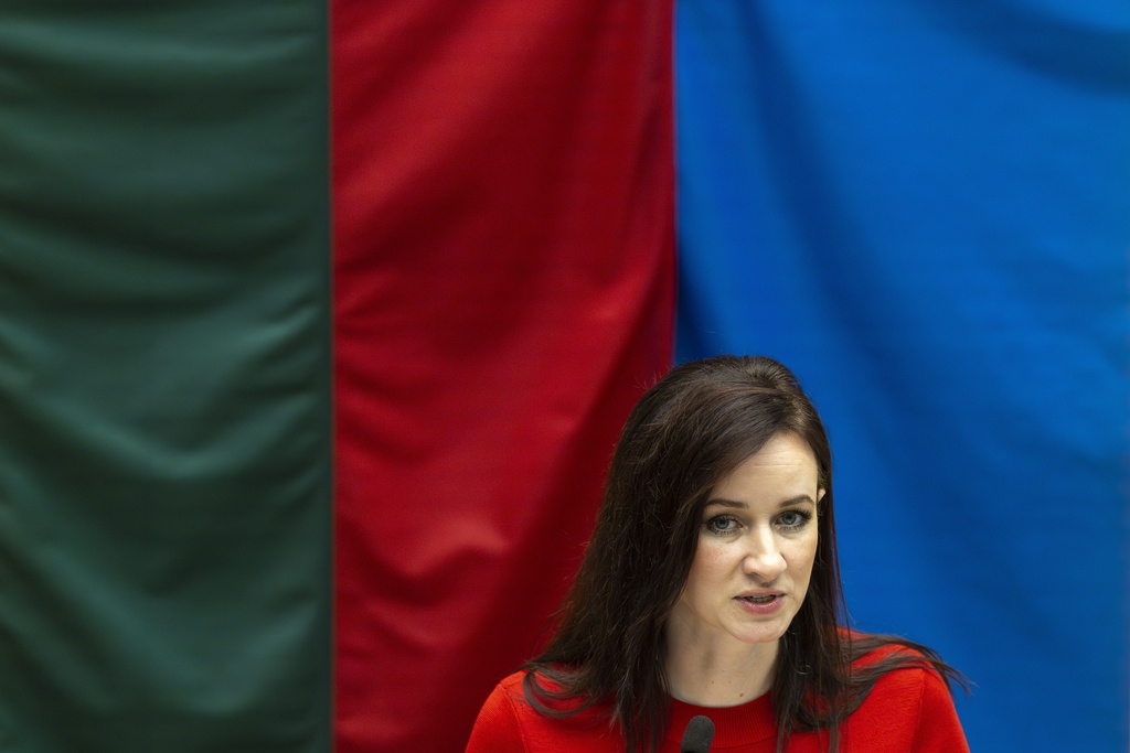 Lithuania's Social Democratic party member Inga Ruginiene, nominated as the next Prime Minister, speaks during a Lithuania's parliament session in Vilnius, Lithuania, Tuesday, Aug. 26, 2025. (AP Photo/Mindaugas Kulbis)