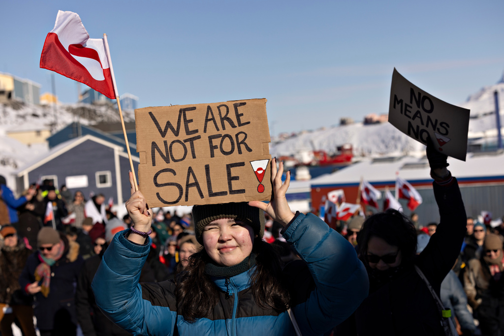 FILE - People take part in a march ending in front of the US consulate, under the slogan, Greenland belongs to the Greenlandic people, in Nuuk, Greenland, Saturday March 15, 2025. (Christian Klindt Soelbeck/Ritzau Scanpix via AP, File)