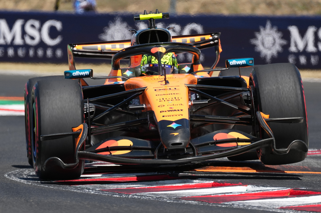 McLaren driver Lando Norris of Britain steers his car during the third free practice ahead of Sunday's Formula One Hungarian Grand Prix auto race, at the Hungaroring racetrack in Mogyorod, near Budapest, Hungary, Saturday, July 25, 2026. (AP Photo/Darko Vojinovic)