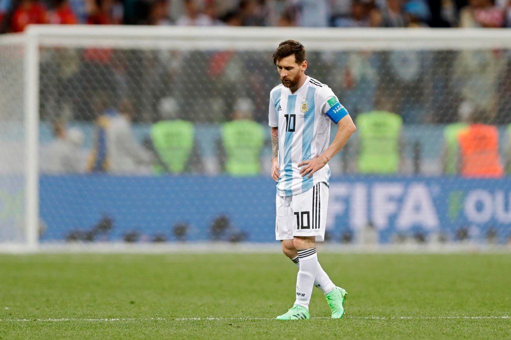 FILE - Argentina's Lionel Messi walks along the pitch at the end of the group D match against Croatia at the 2018 soccer World Cup in Nizhny Novgorod, Russia, June 21, 2018. Croatia defeated Argentina 3-0. (AP Photo/Ricardo Mazalan, File)