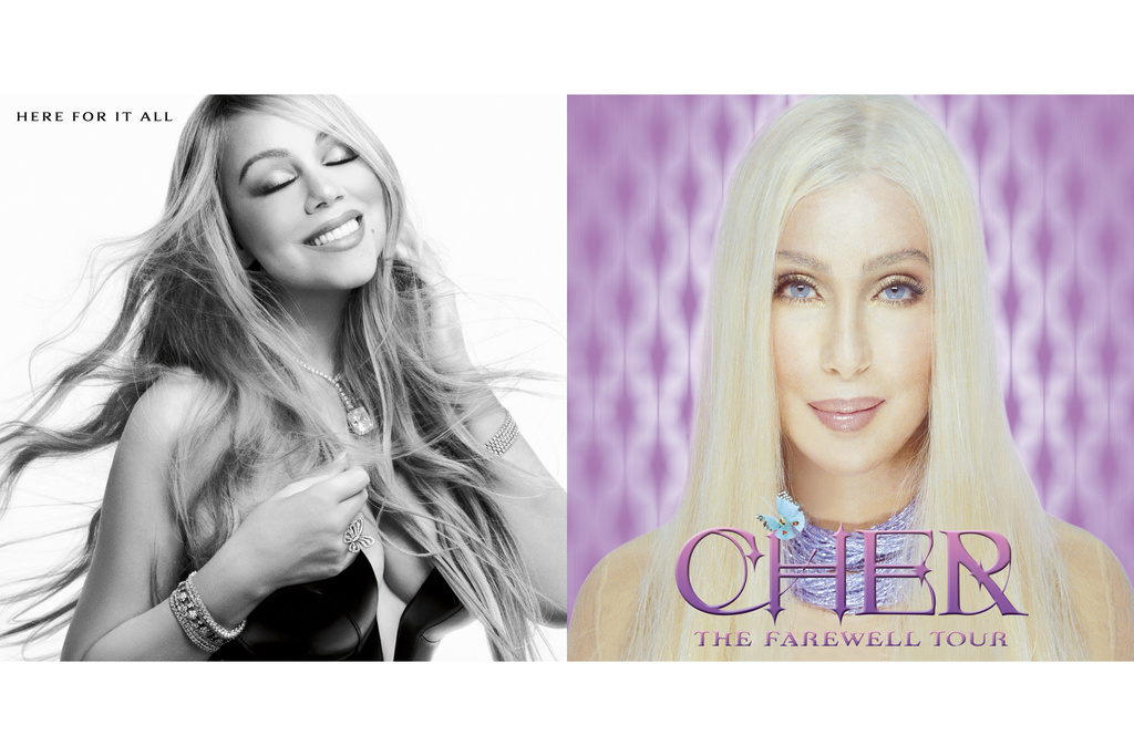This combination of images shows “Here For It All” by Mariah Carey, left, and "The Farewell Tour" by Cher. (Gamma/Warner Records via AP)