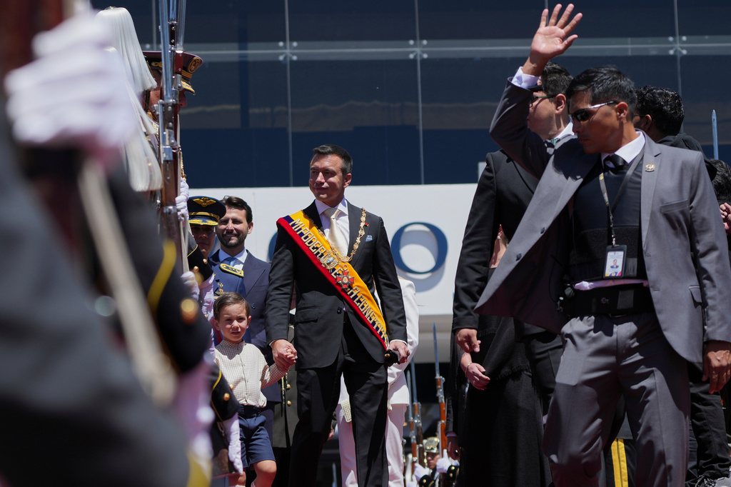 President Daniel Noboa and his family leave the National Assembly after delivering his State of the Nation address at the National Assembly in Quito, Ecuador, Sunday, May 24, 2026. (AP Photo/Dolores Ochoa)