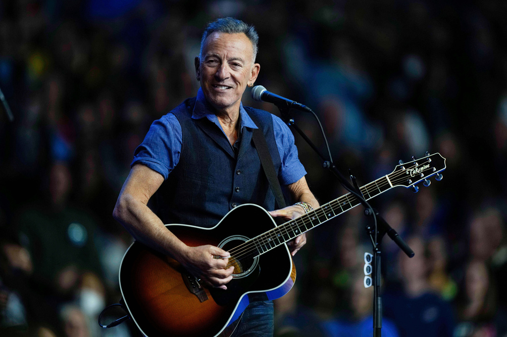 FILE - Bruce Springsteen performs at a campaign rally supporting Democratic presidential nominee Vice President Kamala Harris, Oct. 28, 2024, in Philadelphia. (AP Photo/Matt Rourke, File)