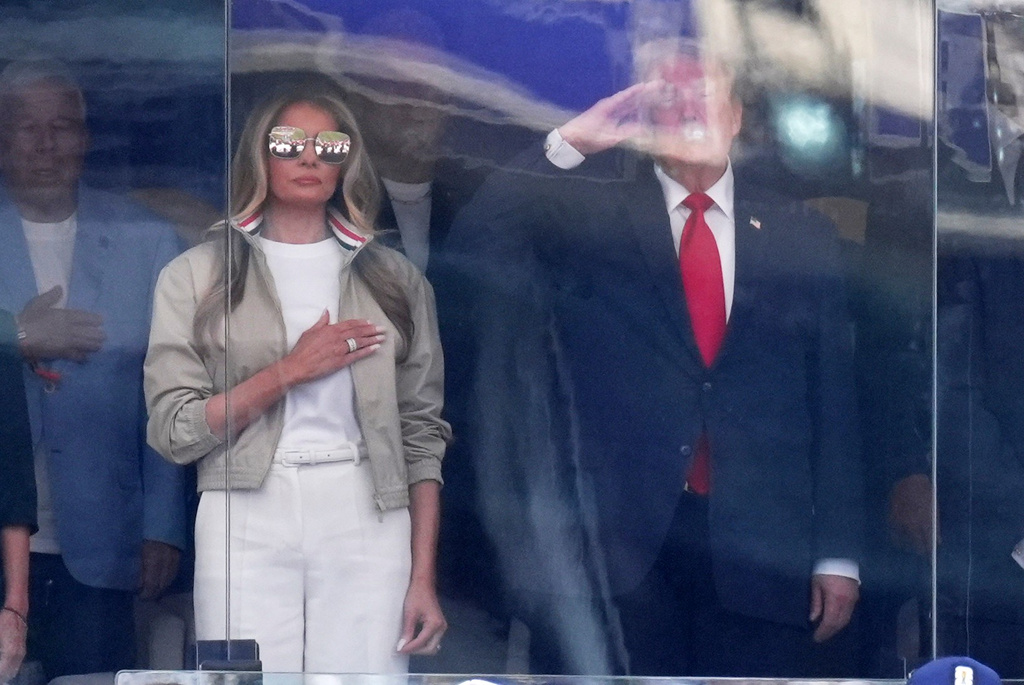 President Donald Trump, right, and first lady Melania Trump attend the World Cup championship final soccer match between Spain and Argentina in East Rutherford, N.J., Sunday, July 19, 2026. (AP Photo/Jacquelyn Martin)