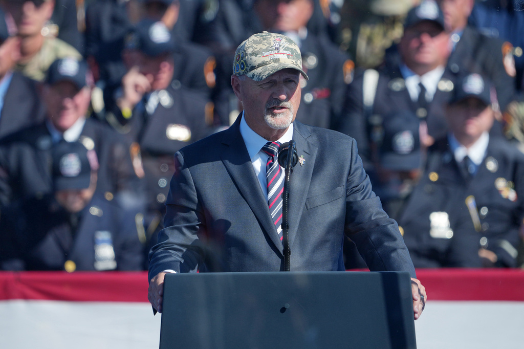 Frank Siller, Chairman and CEO of the Tunnel to Towers Foundation, speaks during the Tunnel to Towers Foundation event for the 25th Anniversary of 9/11, on the Ellipse near the White House in Washington, Tuesday, Sept. 8, 2026. (AP Photo/Mark Schiefelbein)