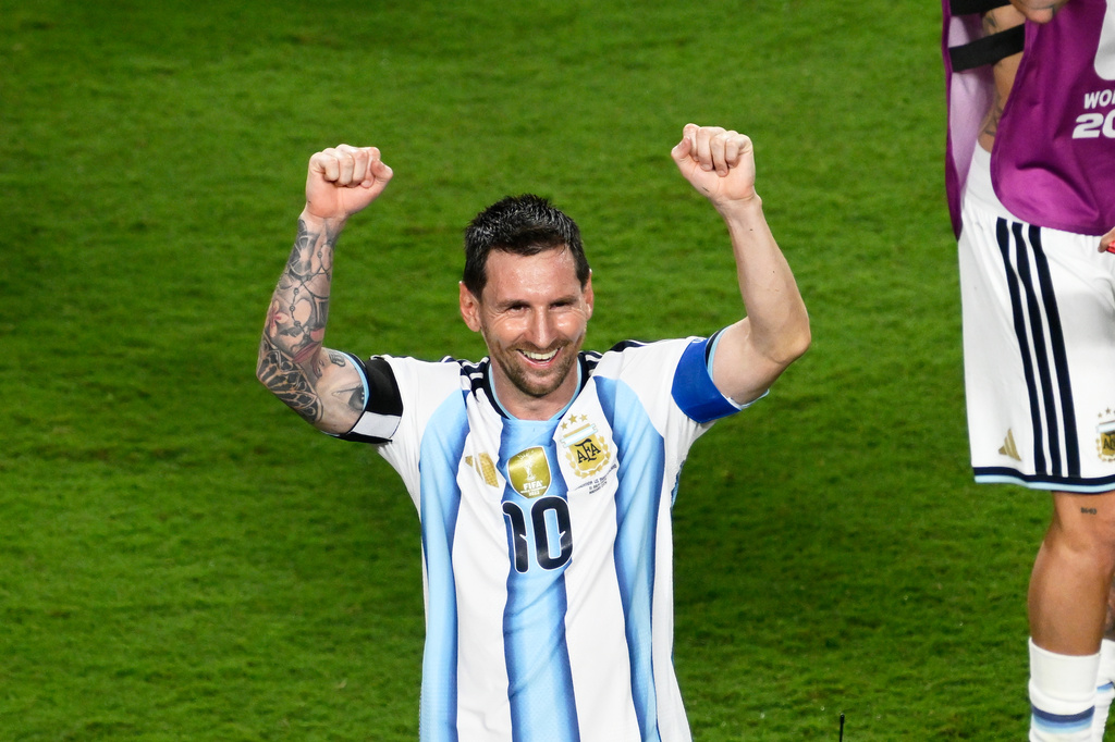 Argentina's Lionel Messi (10) celebrates after defeating Switzerland in the World Cup quarterfinal soccer match in Kansas City, Mo., Saturday, July 11, 2026. (AP Photo/Reed Hoffmann)
