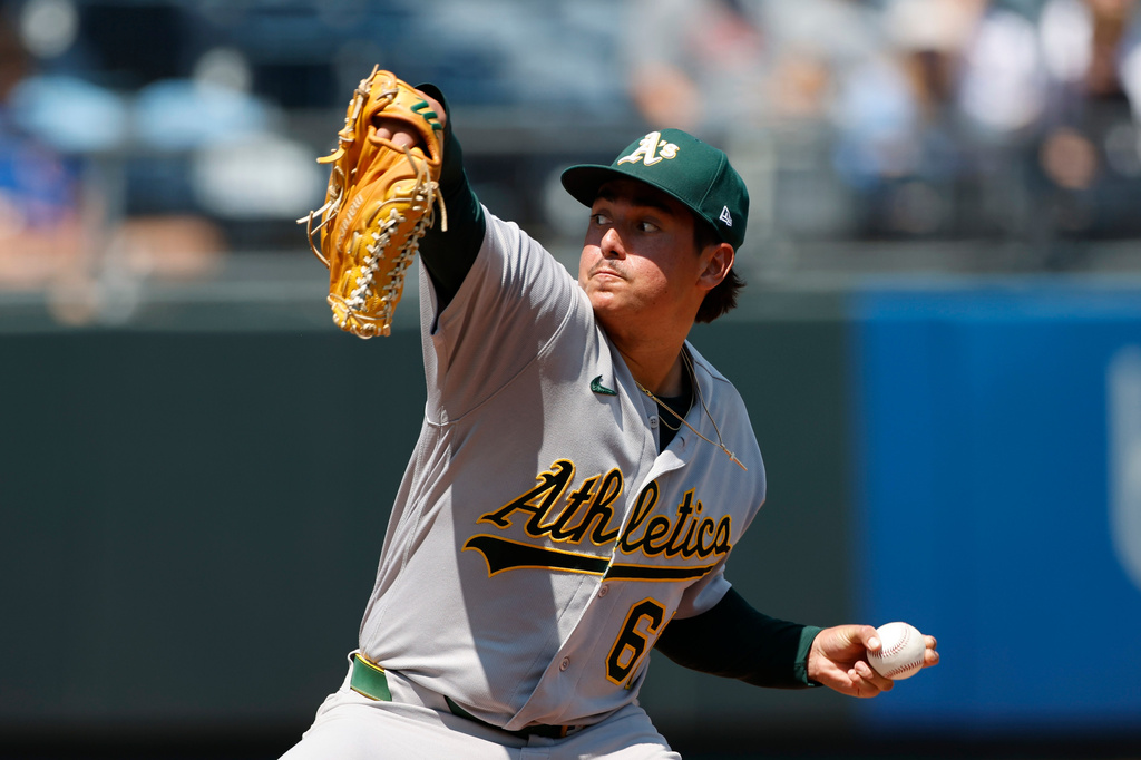 Athletics pitcher Gage Jump delivers to a Kansas City Royals batter during the first inning of a baseball game in Kansas City, Mo., Thursday, Aug. 20, 2026. (AP Photo/Colin E. Braley)