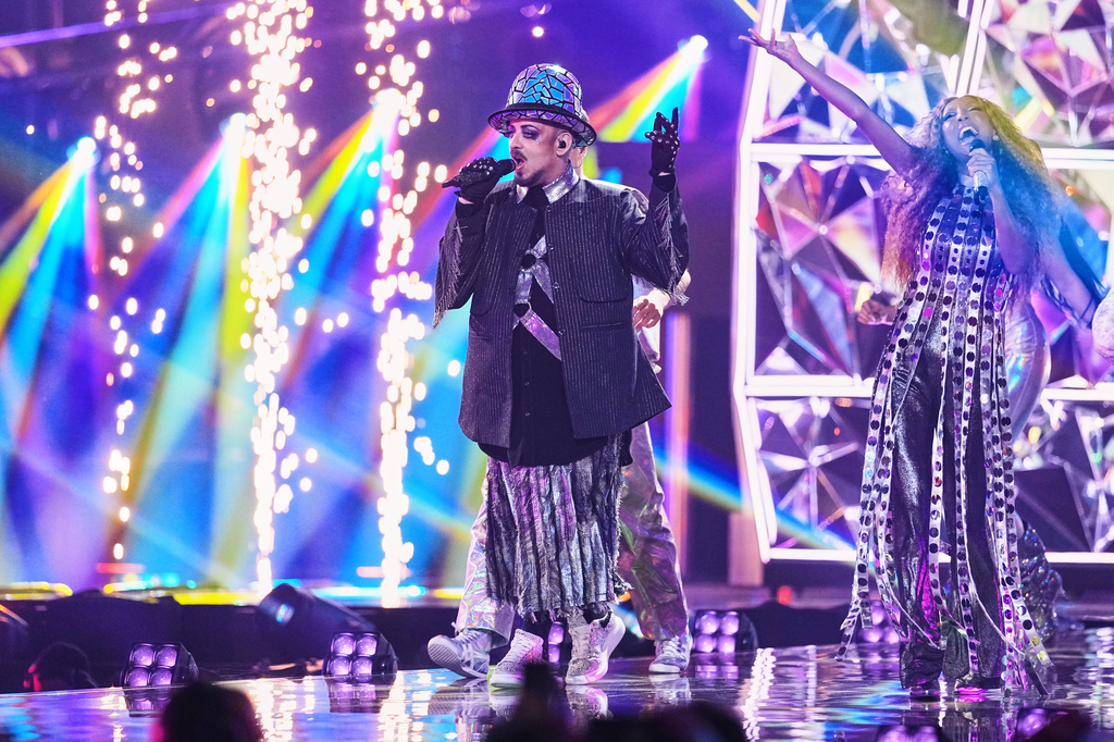 Senhit from San Marino and Boy George perform the song "Superstar" during the dress rehearsal for the first semifinal of the 70th Eurovision Song Contest in Vienna, Austria, Monday, May 11, 2026. (AP Photo/Martin Meissner)