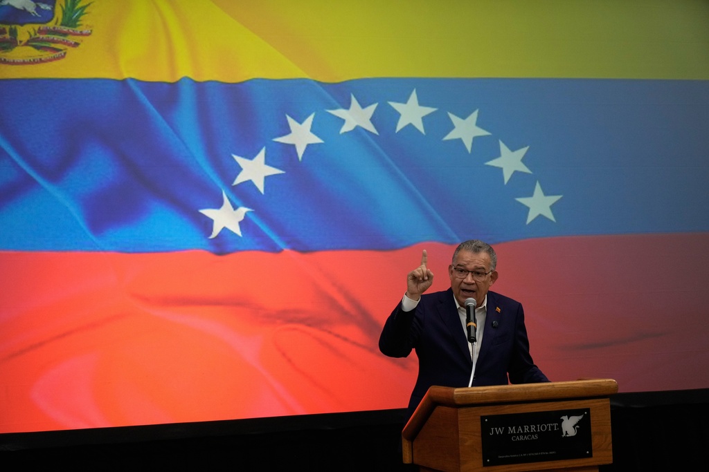 Venezuelan opposition politician Enrique Marquez speaks to the press in Caracas, Venezuela, Friday, Feb 27, 2026. (AP Photo/Ariana Cubillos)