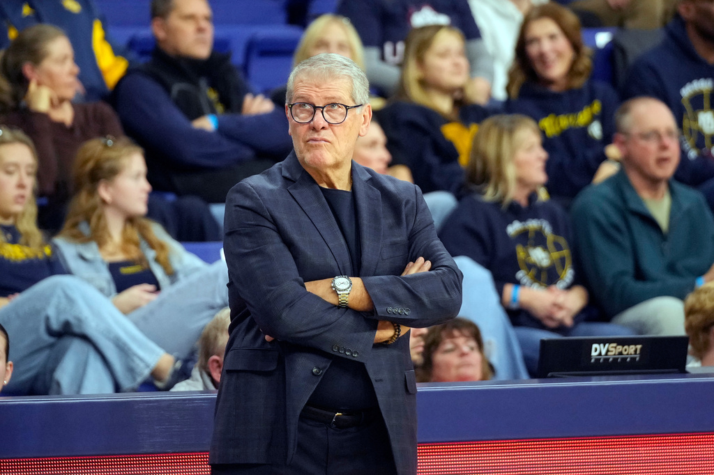UConn head coach Geno Auriemma looks on during the second half of an NCAA college basketball game against Marquette, Saturday, Feb. 14, 2026, in Milwaukee. (AP Photo/Kayla Wolf)