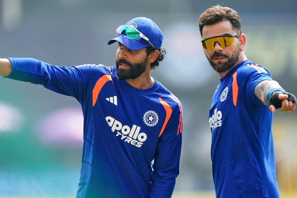 India's Virat Kohli, right and Ravindra Jadeja talk as they warm up before the start of the second one-day international cricket match between India and West Indies in Guwahati, India, Wednesday, Sept. 30, 2026. (AP Photo/Anupam Nath)