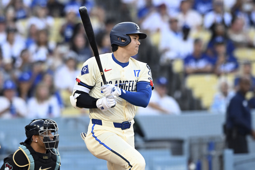 Los Angeles Dodgers Shohei Ohtani grounds out against the Arizona Diamondbacks in the first inning of a baseball game Saturday, Aug. 30, 2025, in Los Angeles. (AP Photo/Wally Skalij)