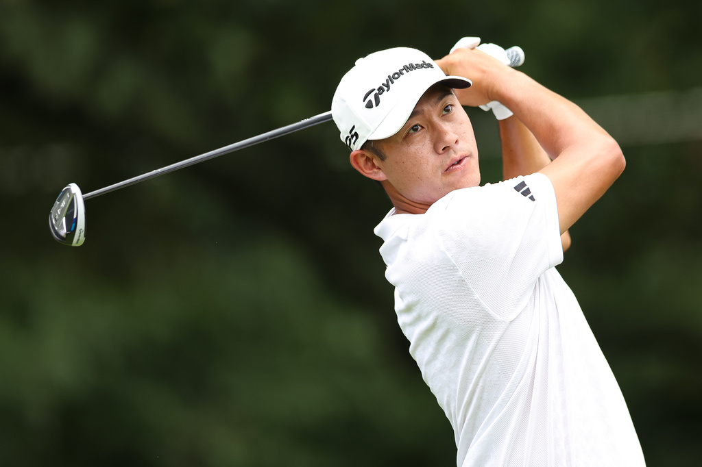 Collin Morikawa reacts on the second hole during the first round of the Tour Championship golf tournament, Thursday, Aug. 27, 2026, in Atlanta. (AP Photo/Colin Hubbard)