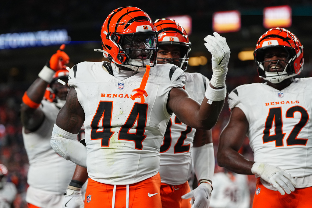 Cincinnati Bengals linebacker Demetrius Knight Jr. (44) reacts after making an interception against the Denver Broncos during the first half of an NFL football game Monday, Sept. 29, 2025, in Denver. (AP Photo/Jack Dempsey)