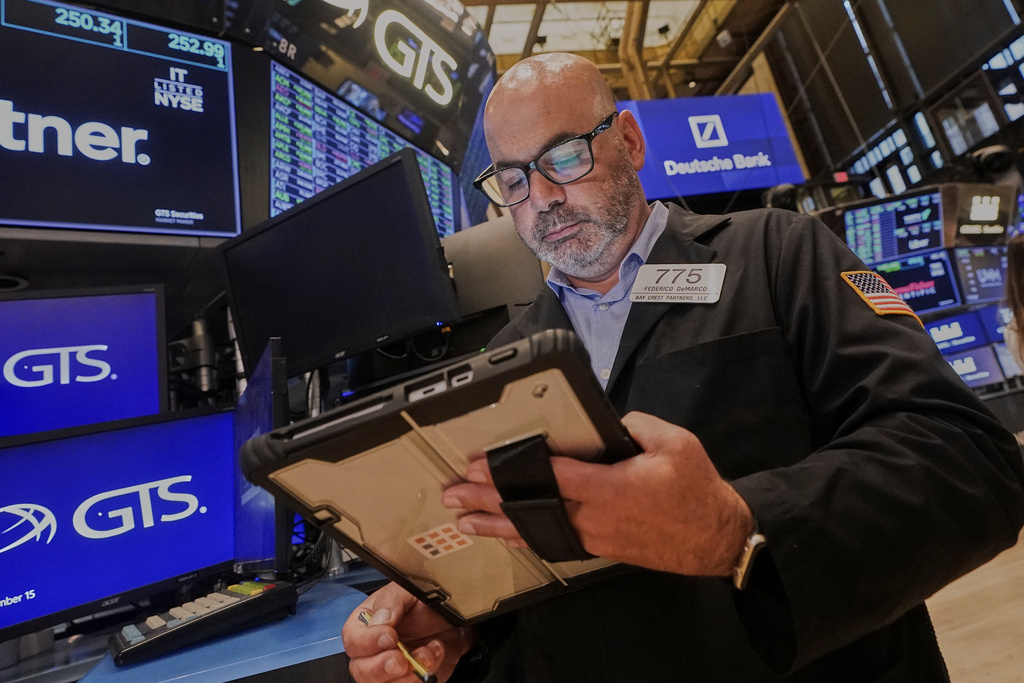Trader Fred Demarco works on the floor of the New York Stock Exchange, Monday, Sept. 15, 2025. (AP Photo/Richard Drew)