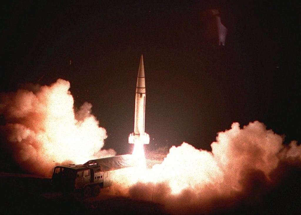 FILE - In this photo provided by China's Xinhua News Agency on Friday, March 15, 1996, a ground to ground missile is launched by the Second Artillery Force of China's People Liberation Army sometime in the past week during missile tests in Fujian Province, near Taiwan. (Xinhua via AP, File)