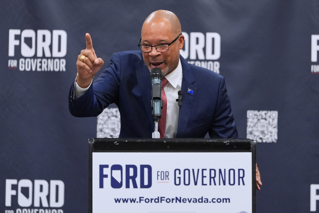 FILE - Gubernatorial candidate Aaron Ford, attorney general of Nevada, speaks during a primary election night watch party after winning the Democratic nomination, June 9, 2026, in Las Vegas. (AP Photo/Jae C. Hong, File)