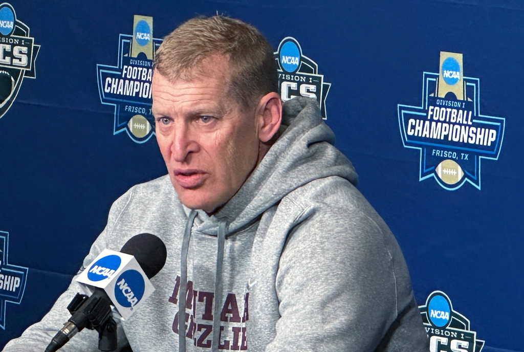FILE - Montana coach Bobby Hauck talks Friday, Jan. 5, 2024, about the team's NCAA Football Championship Subdivision title game against top-rated South Dakota State in Frisco, Texas. (AP Photo/Stephen Hawkins,File)