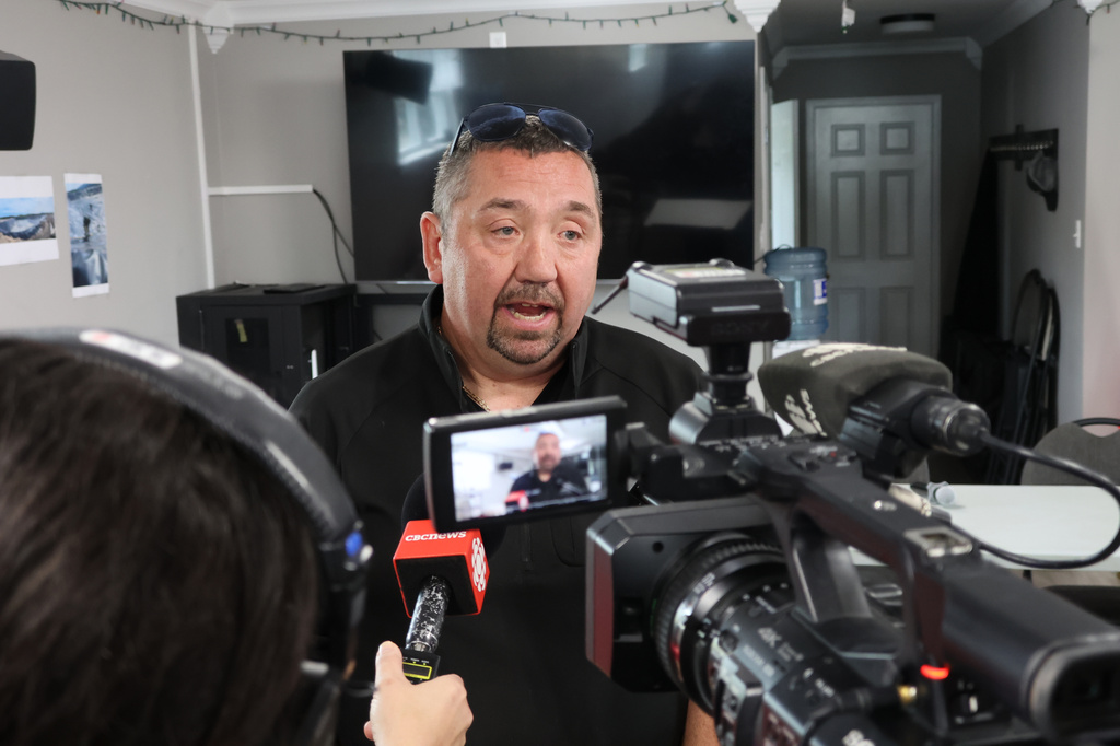 Steve Ryan, mayor of St. Mary's, N.L., speaks to the media in the local town hall on Tuesday, July 28, 2026. (Elling Lien/The Canadian Press via AP)