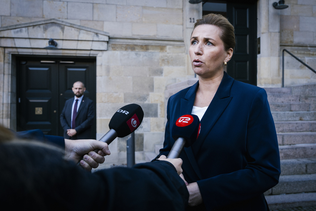 Danish Prime Minister Mette Frederiksen holds a doorstep and comments on drone activity Monday evening at Copenhagen Airport, in Copenhagen, Tuesday, Sept. 23, 2025. (Emil Nicolai Helms/Ritzau Scanpix via AP)