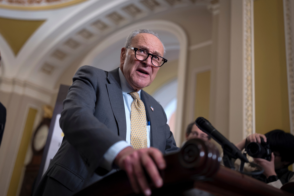 Senate Minority Leader Chuck Schumer, D-N.Y., meets with reporters to talk about the struggle to end the government shutdown, at the Capitol in Washington, Wednesday, Oct. 15, 2025. (AP Photo/J. Scott Applewhite)