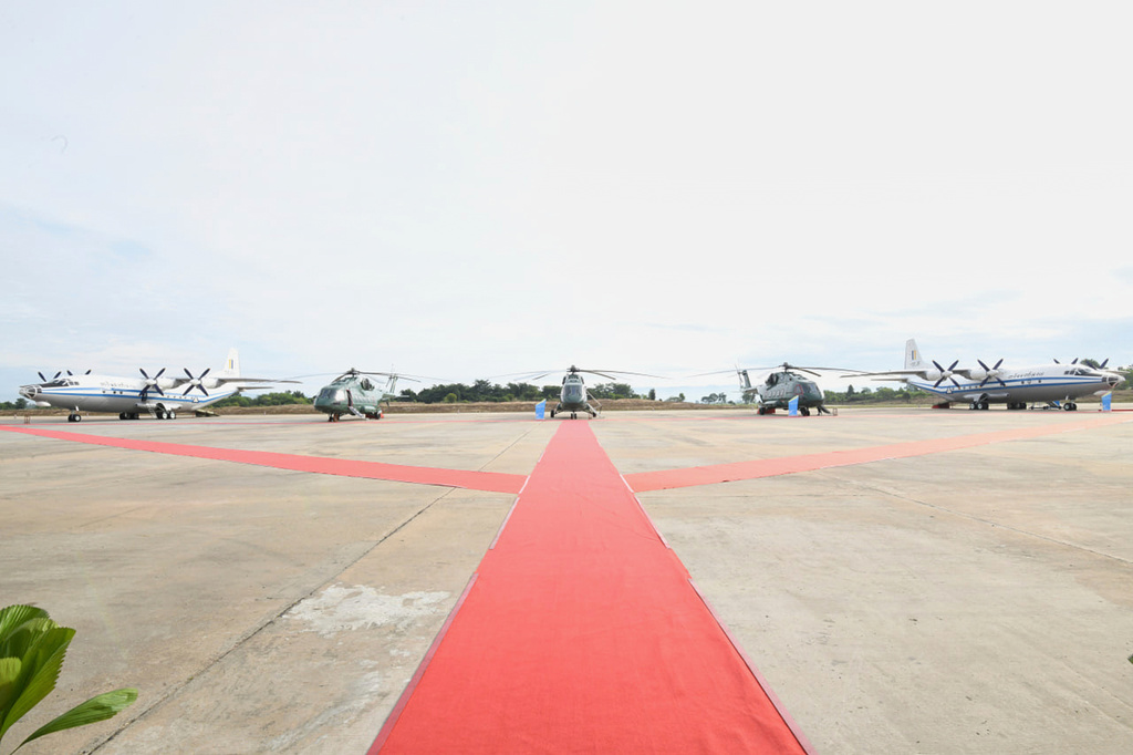 In this photo provided by the the Myanmar Military True News Information Team, head of the ruling military government, Senior Gen. Min Aung Hlaing attends a ceremony to commission new Russian helicopters and Chinese airplanes into its air force in Naypyitaw, Myanmar on Nov. 7, 2025. (The Myanmar Military True News Information Team via AP)