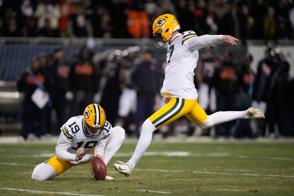 FILE - Green Bay Packers' Brandon McManus kicks a field goal during the first half of an NFL football game against the Chicago Bears Dec. 20, 2025, in Chicago. (AP Photo/Erin Hooley, File)