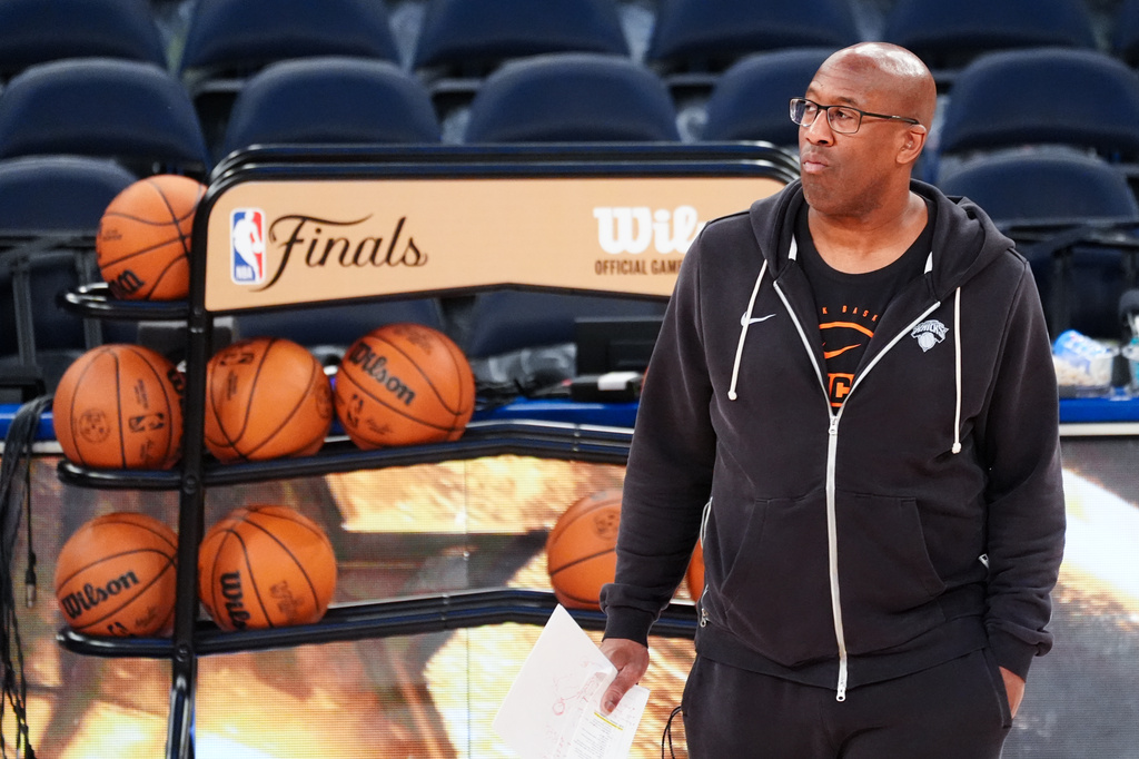 New York Knicks head coach Mike Brown watches practice prior to Game 3 of the NBA Finals basketball series against the San Antonio Spurs, Sunday, June 7, 2026, in New York. (AP Photo/Ross D. Franklin)