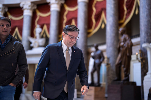 Speaker of the House Mike Johnson, R-La., and Hogan Gidley, left, walking to a press conference as the government shutdown heads toward its third week, at the Capitol in Washington, Monday, Oct. 13, 2025. (AP Photo/J. Scott Applewhite) Speaker of the House Mike Johnson, R-La., and Hogan Gidley, left, walking to a press conference as the government shutdown heads toward its third week, at the Capitol in Washington, Monday, Oct. 13, 2025. (AP Photo/J. Scott Applewhite)