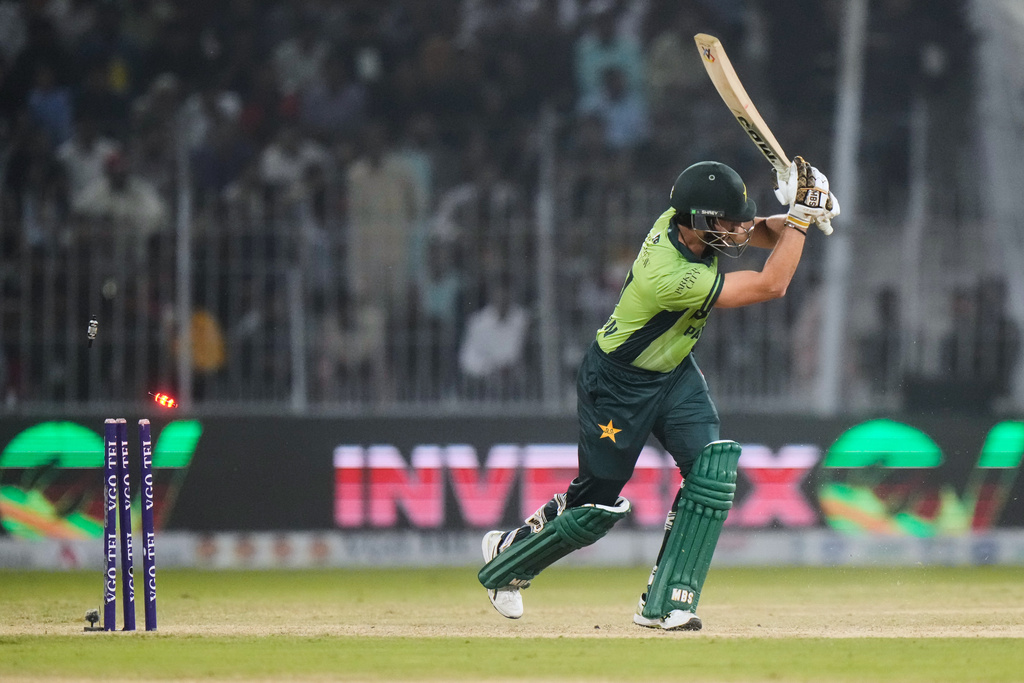 Pakistan's Salman Ali Agha is bowled out by South Africa's Corbin Bosch during the second one day international cricket match between Pakistan and South Africa, in Faisalabad, Pakistan, Thursday, Nov. 6, 2025. (AP Photo/Anjum Naveed)