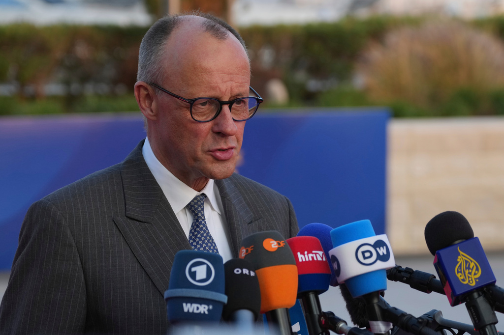 German Chancellor Friedrich Merz makes statements as he arrives for the EU Summit in Ayia Napa, Cyprus, Thursday, April 23, 2026. (AP Photo/Petros Karadjias)