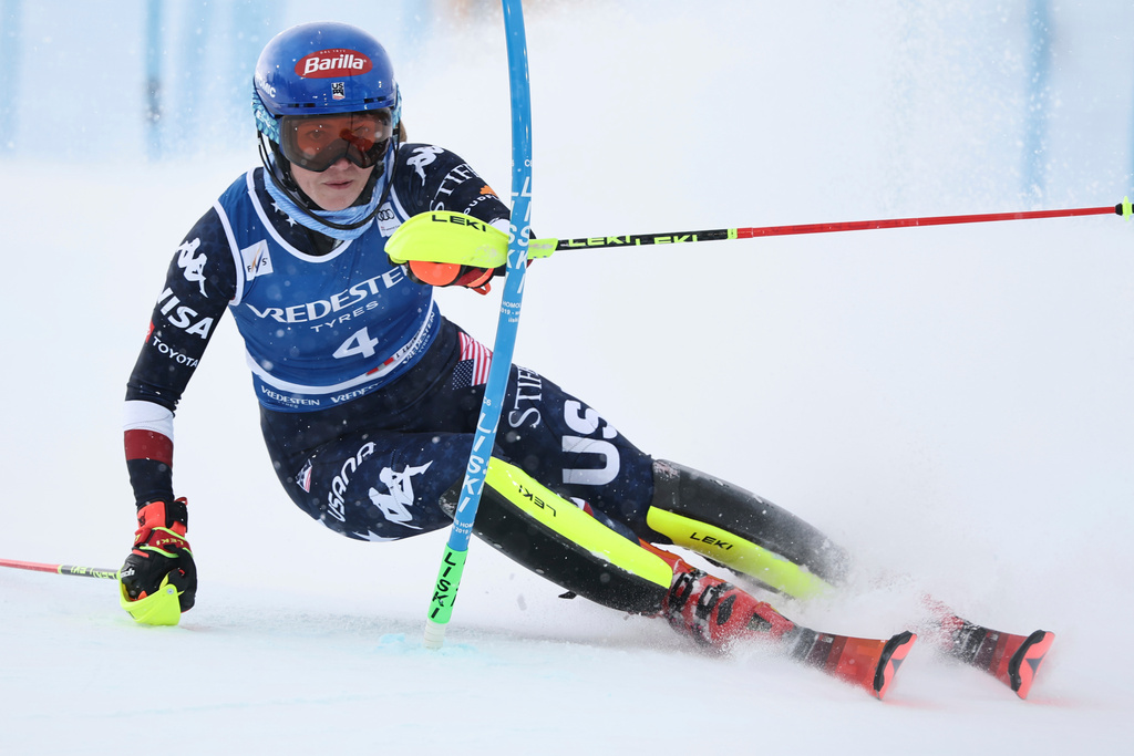 FILE - United States' Mikaela Shiffrin speeds down the course during an alpine ski, women's World Cup slalom, in Sestriere, Italy, Sunday, Feb. 23, 2025. (AP Photo/Marco Trovati, File)