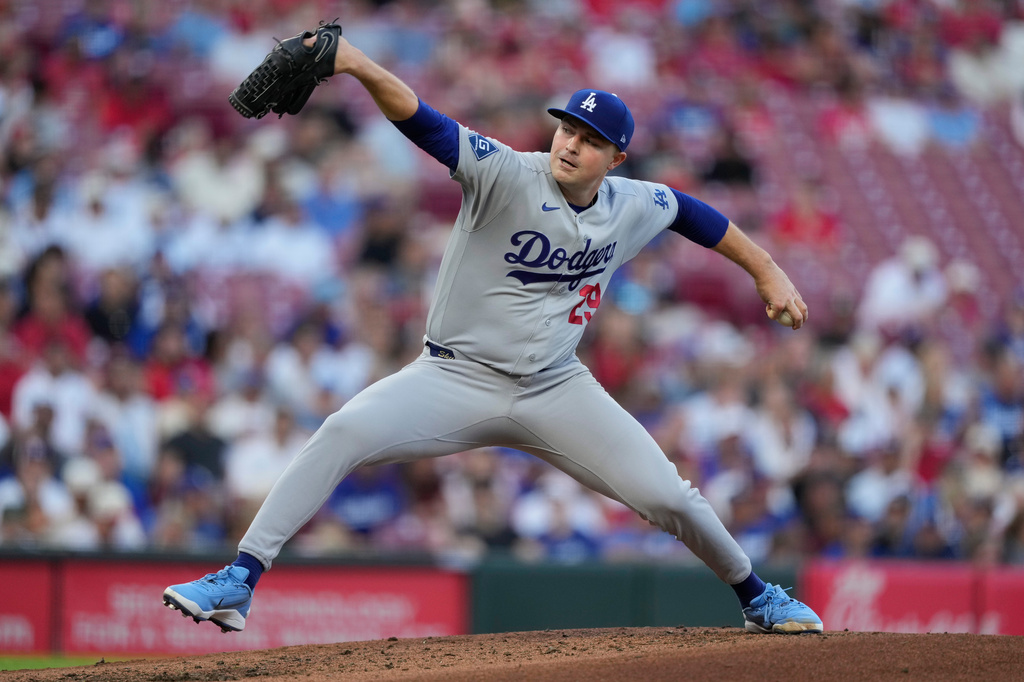 Los Angeles Dodgers pitcher Tarik Skubal throws during the second inning of a baseball game against the Cincinnati Reds, Monday, Sept. 14, 2026, in Cincinnati. (AP Photo/Carolyn Kaster)