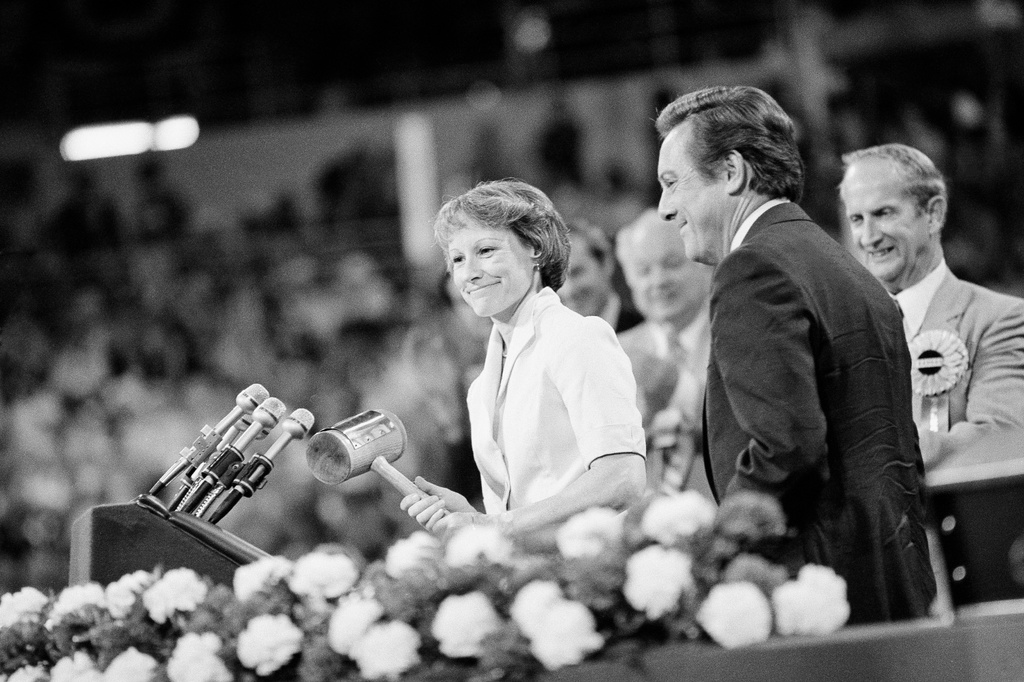 FILE - Sen. Nancy Kassebaum, R-Kansas, temporary chairman of the Republican Convention, prepares to bang the gavel to call the session of the convention to order in Detroit's Joe Louis Arena, July 14, 1980. Republican Committee Chairman Bill Brock stands beside her on the podium. (AP Photo, File)